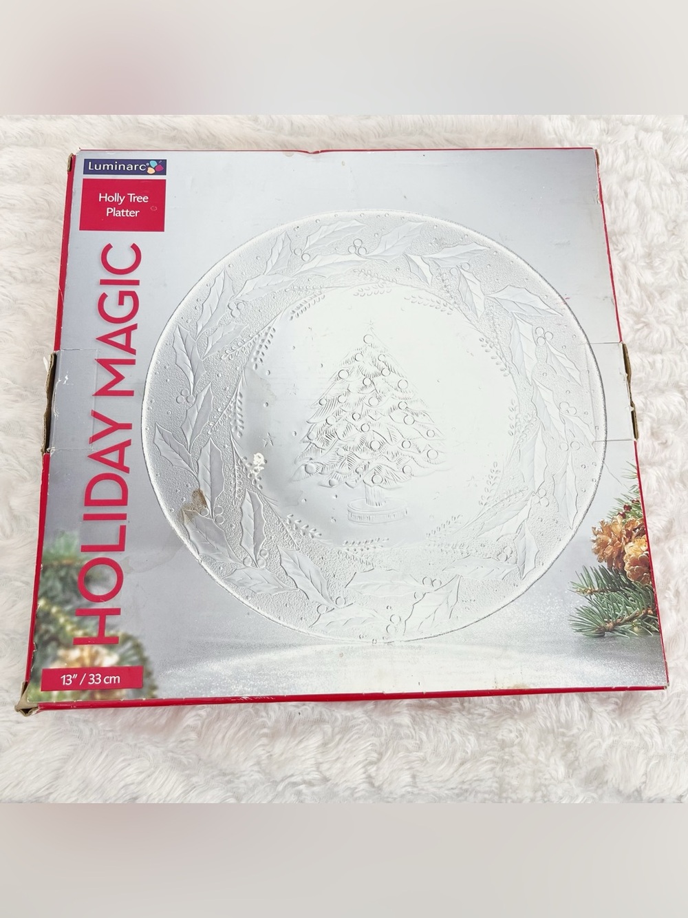 Luminarc Holiday Magic Christmas Tree Holly Serving Platter Clear Glass Round